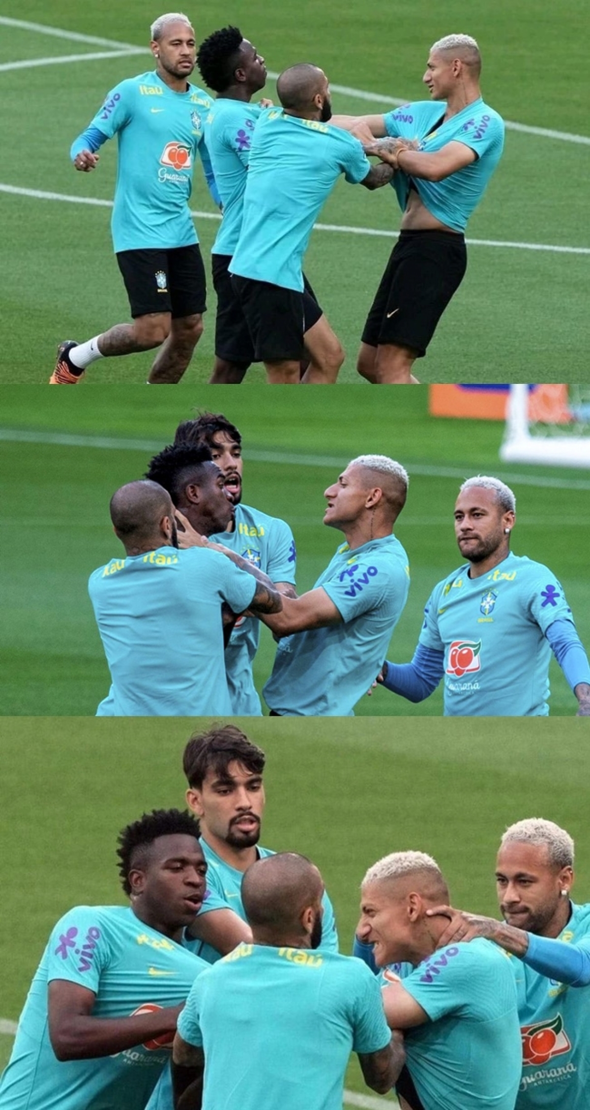 Neymar cuống cuồng ngăn Vinicius và Richarlison ẩu đả trên sân tập ĐT Brazil