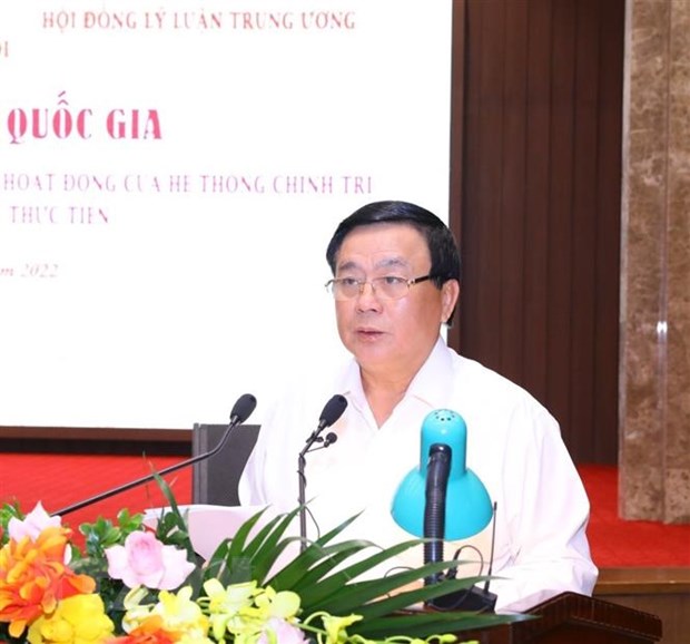 Hội thảo khoa học quốc gia về đổi mới phương thức lãnh đạo của Đảng Ông Nguyễn Xuân Thắng, Ủy viên Bộ Chính trị, Chủ tịch Hội đồng Lý luận Trung ương, Giám đốc Học viện Chính trị quốc gia Hồ Chí Minh phát biểu khai mạc Hội thảo. (Ảnh: Văn Điệp/TTXVN)