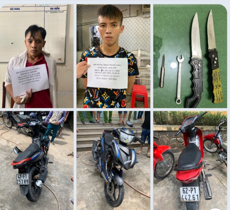 Chủ động phòng, chống tội phạm trộm cắp tài sản Hai đối tượng trộm bị Công an huyện Đức Hòa bắt giữ cùng tang vật xe môtô mà chúng đã lấy trộm