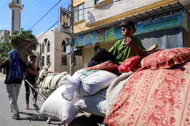 Người dân Palestine sơ tán tránh chiến sự ở Dải Gaza. (Ảnh: THX/TTXVN)