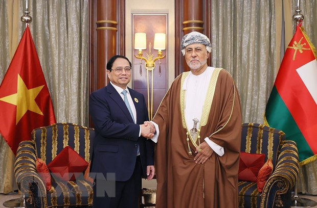 Thủ tướng Phạm Minh Chính gặp Phó Thủ tướng Vương quốc Hồi giáo Oman Sayyid Shihab. (Ảnh: Dương Giang/TTXVN)