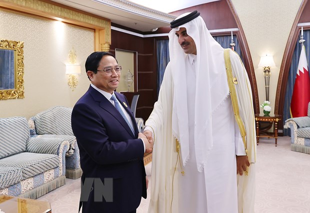 Thủ tướng Phạm Minh Chính gặp Quốc vương Qatar Tamim bin Hamad Al Thani. (Ảnh: Dương Giang/TTXVN)