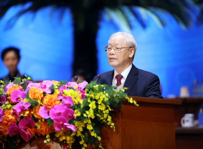 Tổng Bí thư Nguyễn Phú Trọng phát biểu chỉ đạo Đại hội XIII Công đoàn Việt Nam. (Ảnh: TTXVN)