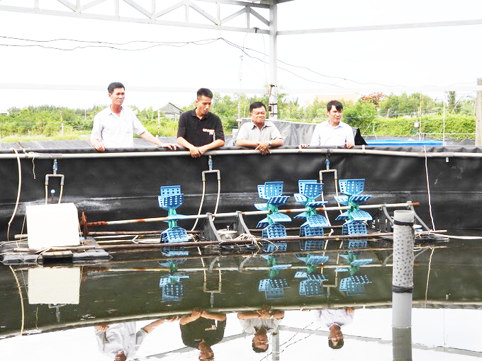 Về miền hạ, gặp nông dân Việt Nam xuất sắc năm 2023 Nhờ nuôi tôm ứng dụng công nghệ cao, ông Nguyễn Văn Sành (thứ 2, phải qua, ấp 3, xã Phước Vĩnh Tây, huyện Cần Giuộc) có lợi nhuận khoảng 1 tỉ đồng mỗi năm