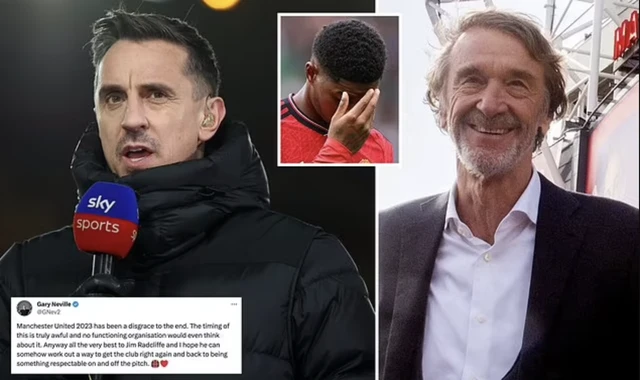 Gary Neville (trái) cho rằng CLB M.U vẫn chưa có lối thoát khi bán 25% cổ phần cho tỉ phú Jim Ratcliffe (phải)