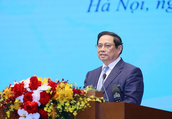 Thủ tướng Phạm Minh Chính phát biểu tại Hội nghị hợp tác đầu tư Việt Nam-Lào 2024. (Ảnh: Dương Giang/TTXVN)