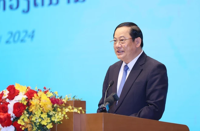 Thủ tướng Lào Sonexay Siphandone phát biểu tại Hội nghị hợp tác đầu tư Việt Nam – Lào 2024. (Ảnh: Dương Giang/TTXVN)