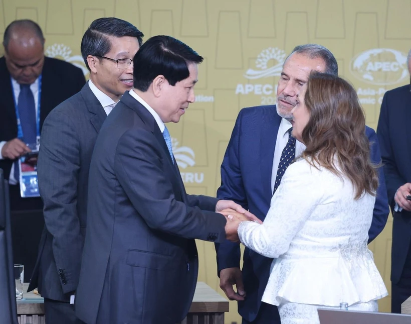 Chủ tịch nước Lương Cường: Châu Á - Thái Bình Dương cần “cùng tiến bước” với các khu vực khác Chủ tịch nước Lương Cường với Tổng thống Peru Dina Ercilia Boluarte Zegarra tại Đối thoại không chính thức giữa các nhà lãnh đạo APEC với khách mời. (Ảnh: Lâm Khánh/TTXVN)