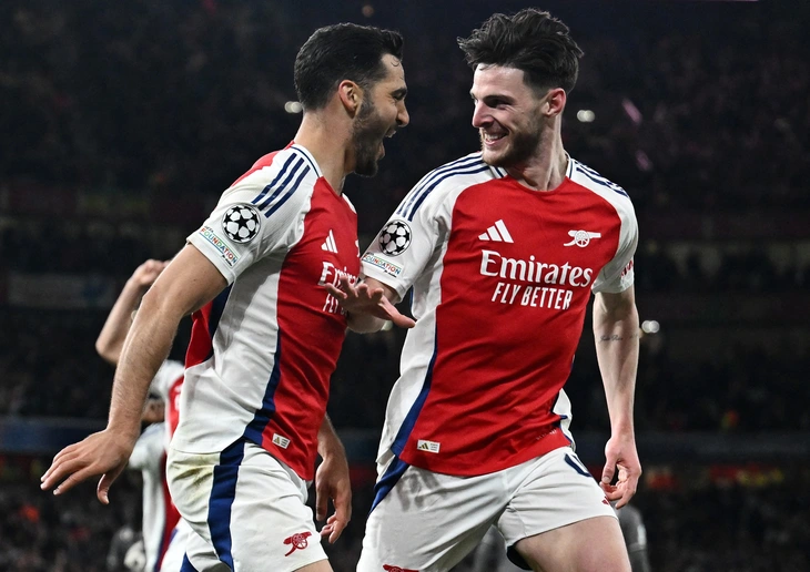 Rice (phải) và Merino - hai người hùng của Arsenal - Ảnh: REUTERS