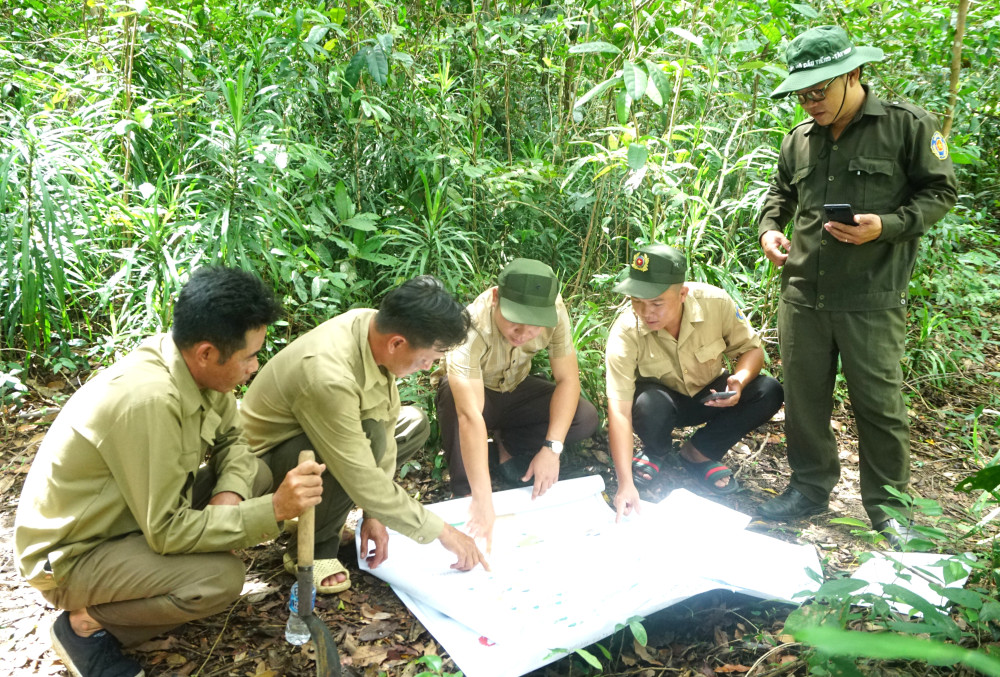 Ông Đặng Quang Thắng- Phó Phòng Quản lý chuyên trách bảo vệ rừng Khu RPH Dầu Tiếng các thành viên Đội bảo vệ rừng rà soát lại diện tích rừng 