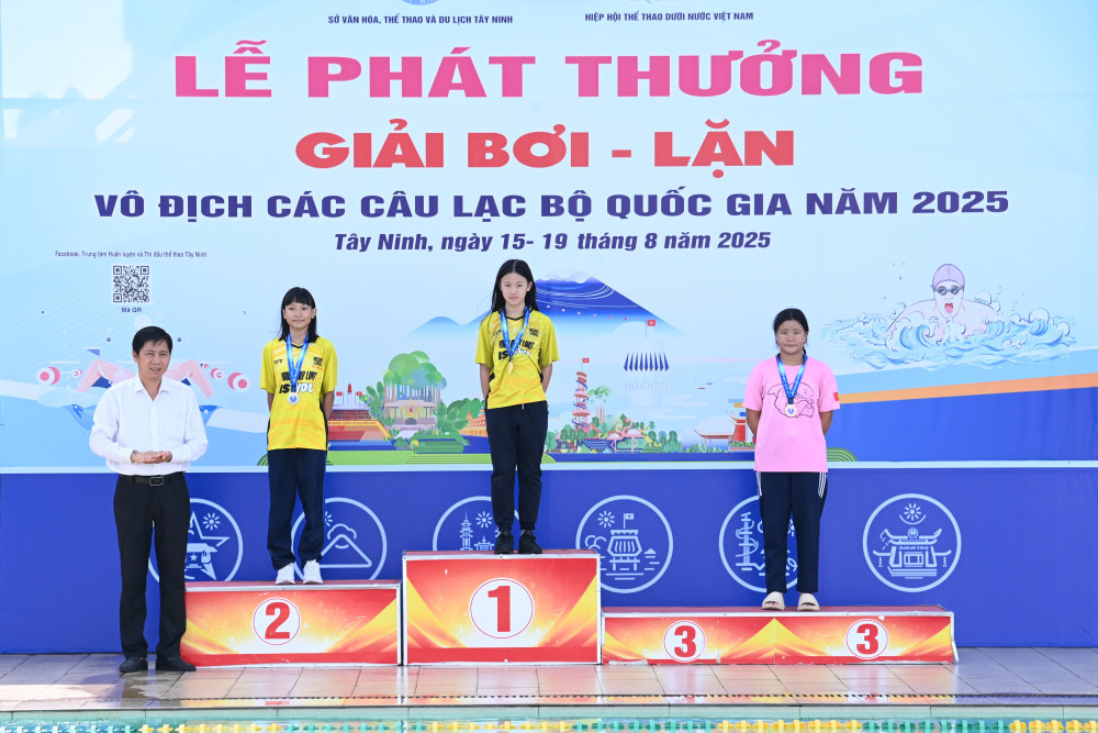 Ông Lê Quang Chánh – Phó Giám đốc Sở VHTT&DL trao huy chương cho các VĐV nữ đạt thành tích cao