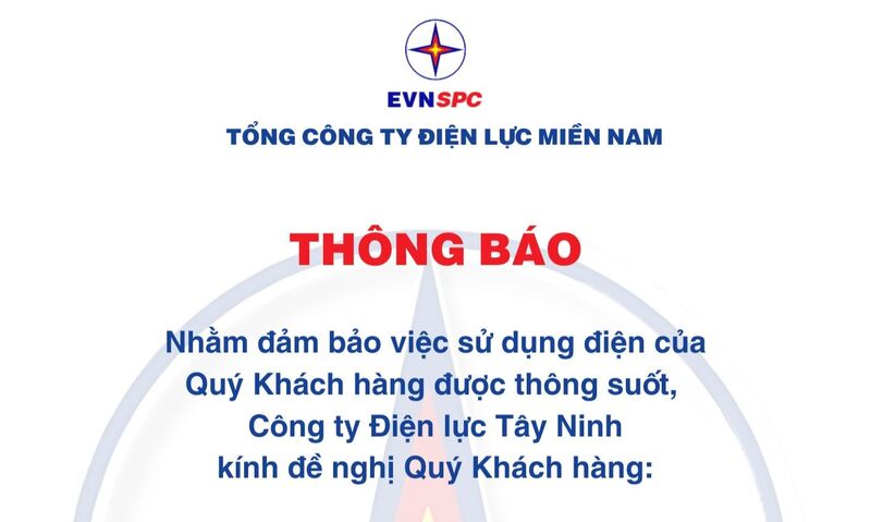 Công ty Điện lực Tây Ninh thông báo