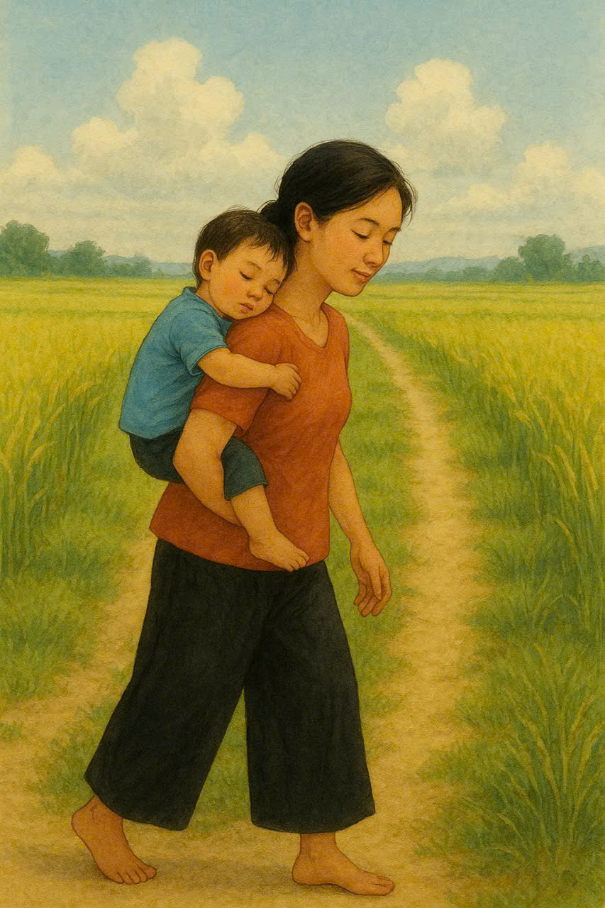 Bình yên giấc ngủ trên lưng mẹ