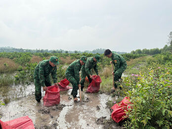 Đồn Biên phòng Mỹ Thạnh Tây khẩn trương giúp dân phòng, chống lũ