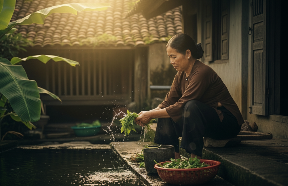 Nắng soi bóng mẹ hiên nhà