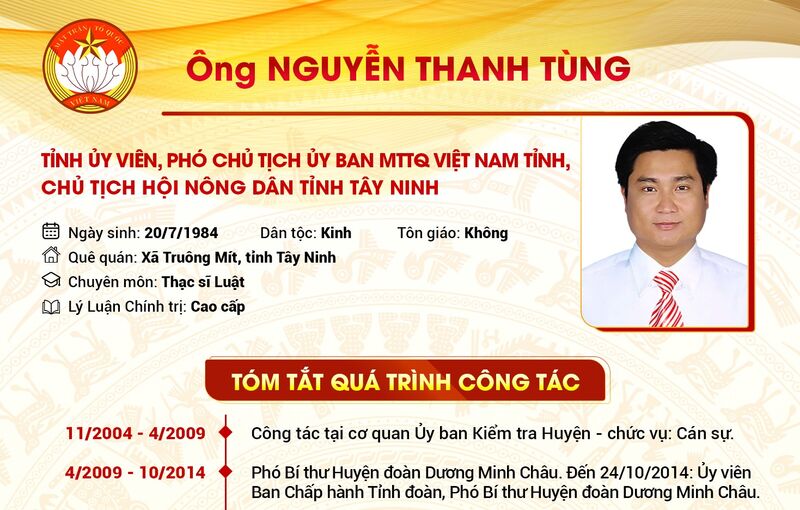 Tóm tắt quá trình công tác của Tỉnh ủy viên, Phó Chủ tịch UBMTTQ Việt Nam tỉnh, Chủ tịch Hội Nông dân tỉnh Tây Ninh Nguyễn Thanh Tùng