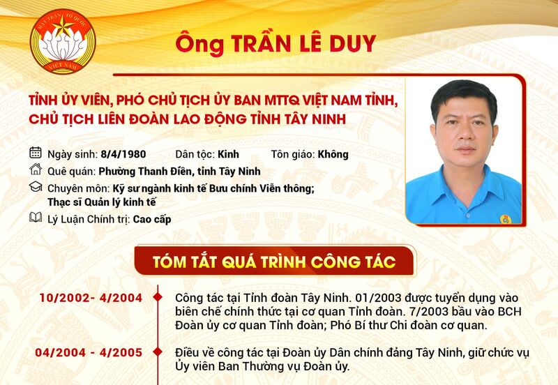 Tóm tắt quá trình công tác của Tỉnh ủy viên, Phó Chủ tịch UBMTTQ Việt Nam tỉnh, Chủ tịch Liên đoàn Lao động tỉnh Tây Ninh Trần Lê Duy